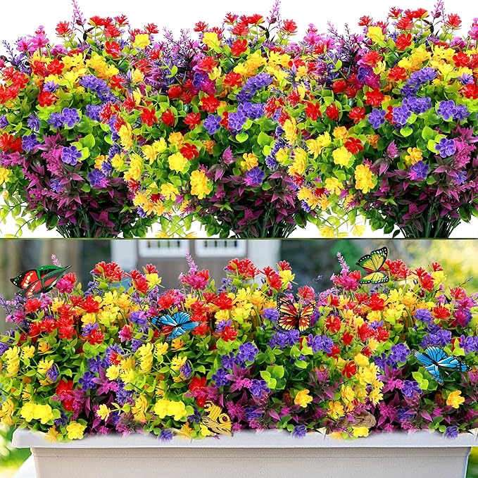 36 Bundles Artificial Flowers for Outdoors UV Resistant, Artificial Flowers Outdoor Decoration, No Fade Faux Fake Flowers Greenery Shrub Plants for Garden Home Front Porch Window Hanging Decor