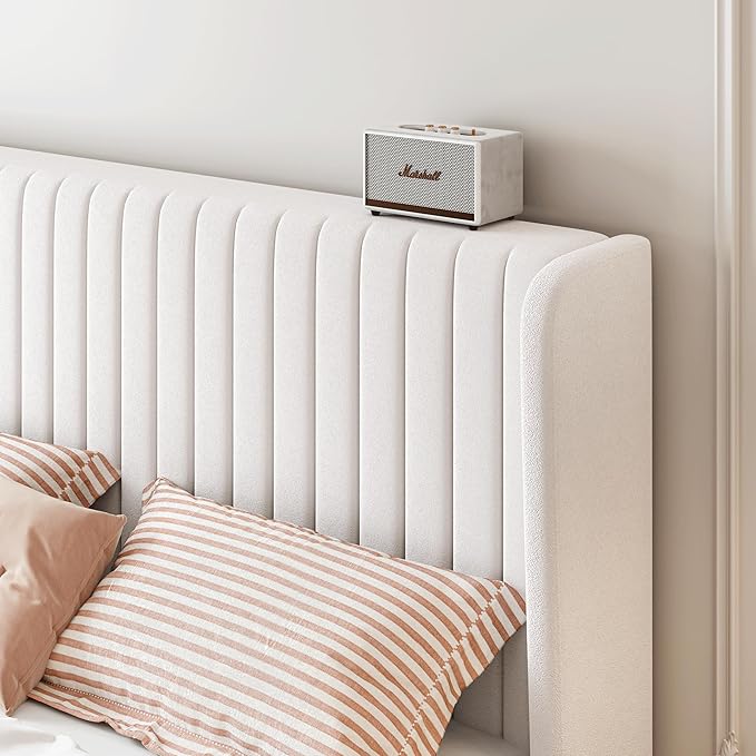 SHA CERLIN Queen Size Velvet Bed Frame with Vertical Channel Tufted Wingback Headboard, Upholstered Platform Bed with Wood Slats, No Box Spring Needed, Easy Assembly, White