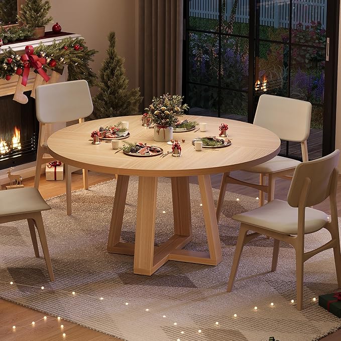 GAOMON Round Dining Table for 4-6, 47" Circle Dining Room Table with Sturdy Cross Base, Farmhouse Wood Dinner Table for Apartment Kitchen Living Room, Natural (Table Only)