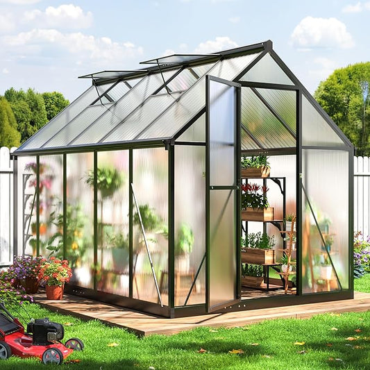 6x9 FT Quick Setup Polycarbonate Greenhouse with Roof Vent, Large Aluminum Walk-in Green House for Outdoor Garden Backyard, Black