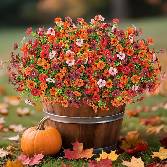 Fall Mums Artificial Flowers for Outdoors Potted, 12 Bundles Fake Fall Daisy Flower with Realistic Eucalyptus Leaves, Fake Plants for Greenery Boxwood Porch Patio Garden Pot Courtyard