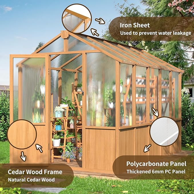 Wooden Greenhouse 6x10 FT, Walk-in Greenhouse for Outdoors with 6MM Thick Polycarbonate Panel and Adjustable Roof Vents, Garden Backyard, Wood Colour
