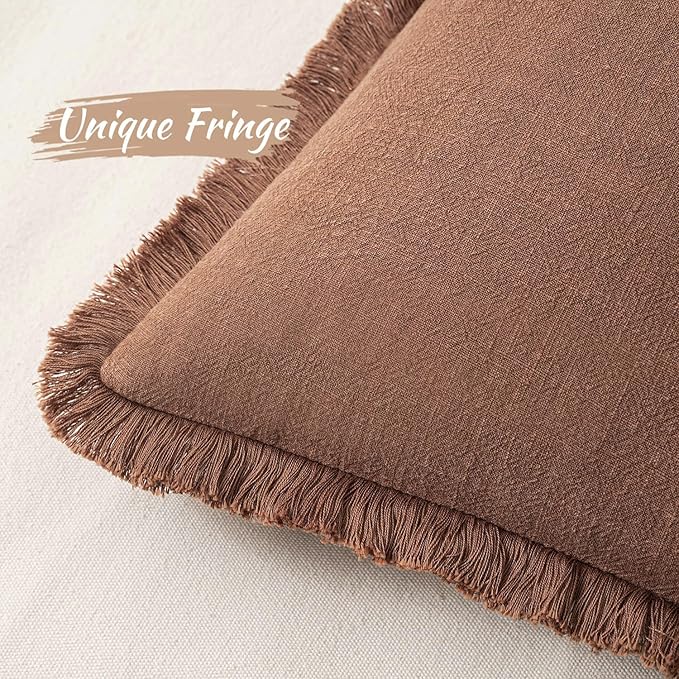MIULEE Decorative Throw Pillow Covers Neutral Linen Fringe Throw Pillows Set of 2 Brick Boho Farmhouse Cushion Covers with Tassels for Couch Sofa Bed Living Room Spring Home Decor 20x20 Inch
