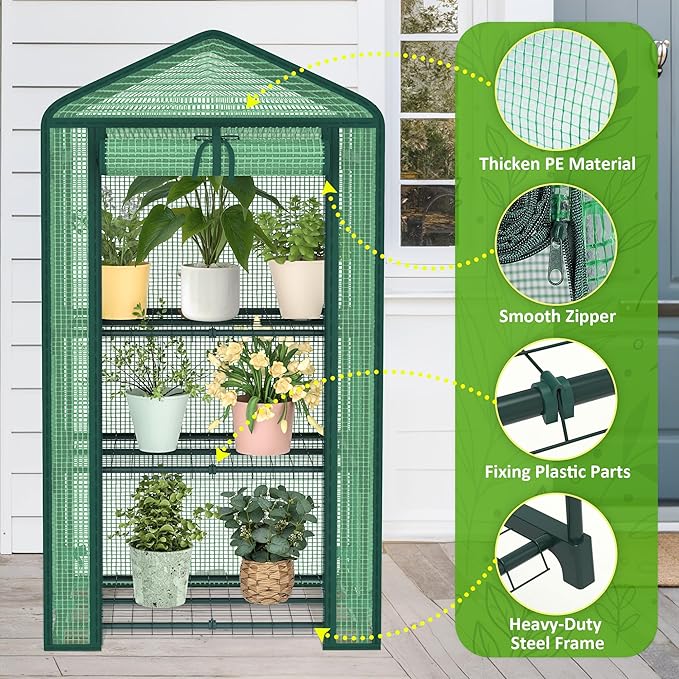 3-Tier Greenhouse for Indoor and Outdoor Use, 4ft Tall Portable Mini Green House with Shelves, Zipper Door & PE Cover, for Seed Starting, Plants, Herbs, Balcony, Patio Gardening