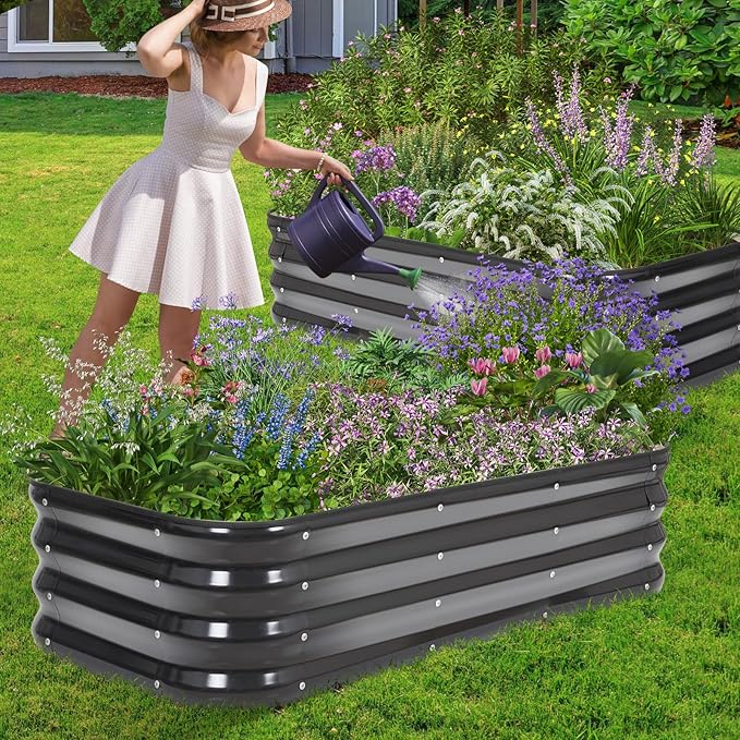 1MORE Raised Garden Bed -4X2X1 Galvanized Planter Box for Outdoor Gardening,3 in 1 Modular Raised Bed Kit with Protective Tape, Gloves for Herb, Flower，Ideal for Vegetables and Plants.Grey-1Pcak