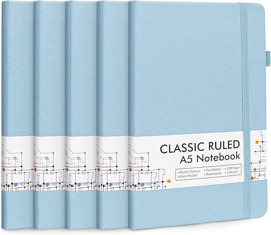 feela 5 Pack Notebooks Journals Bulk, Hardcover Notebook Classic Ruled Lined Journals with Pen Holder for Women Girls School Business Supplies, with 5 Black Pens, 120 GSM, 5.1”x8.3”, A5, Light Blue