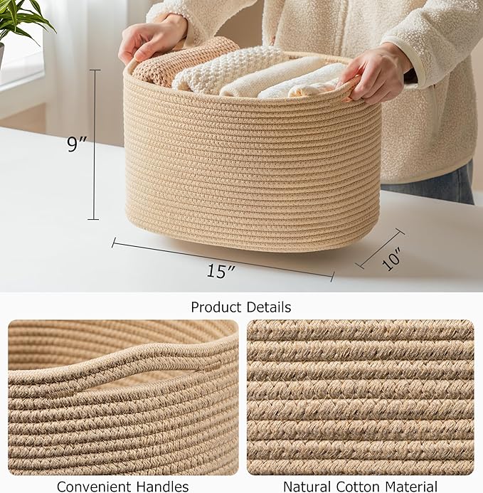 UBBCARE 3-Pack Woven Rope Shelf Baskets - 15x10x9in Decorative Storage Basket for Toys, Kids Playroom, Closet Organization & Cube Storage Organizer | Gift Basket Empty, Brown