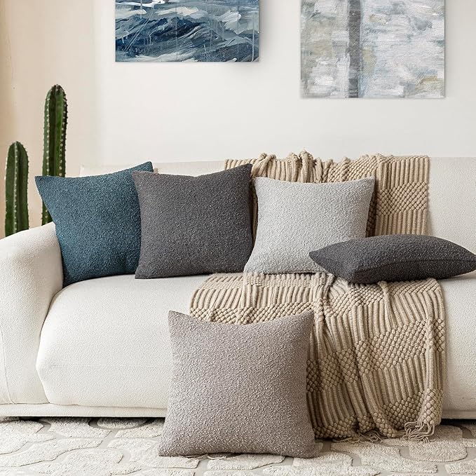 Foindtower Pack of 2, Decorative Textured Boucle Throw Pillow Covers Accent Solid Pillow Cases Cozy Soft Couch Cushion Case for Chair Sofa Bedroom Living Room Home Decor 22 x 22 Inch Blue