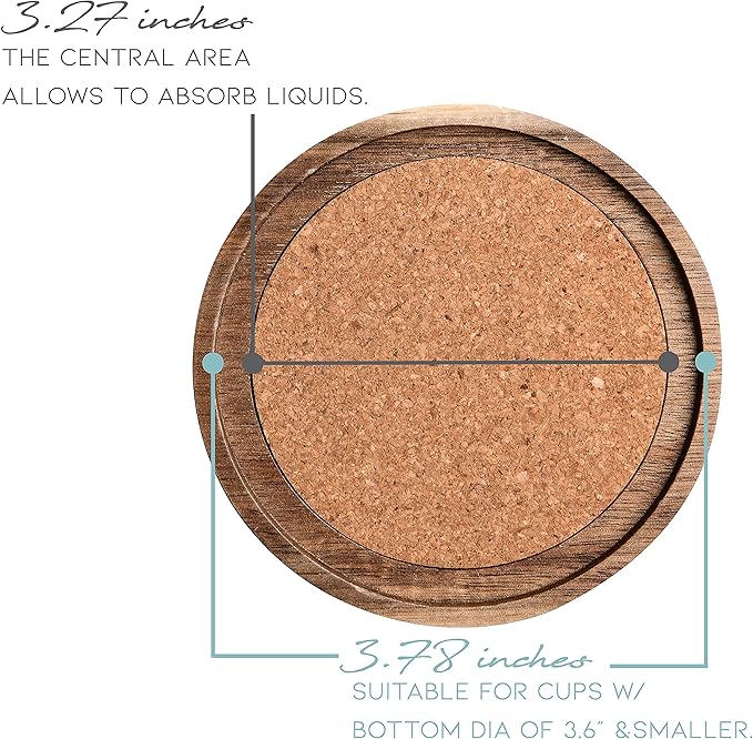 Acacia Wood Coasters for Drinks, 4.13 Inch, Set of 6, Absorbent and Insulation Cork Stackable Cup Holders, Rustic Coasters for Wooden Table, Designed by S1EGAN