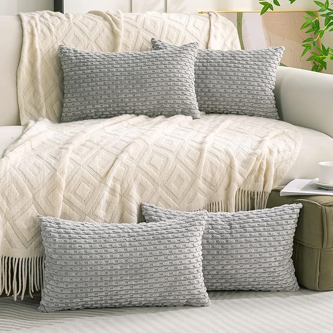 Set of 4 Grey Decorative Throw Pillow Covers 12x20 Inch Corduroy Pillow Covers for Bed Couch Sofa Living Room Soft Cushion Cases