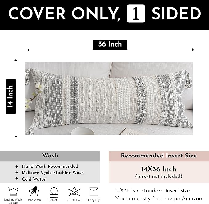 BlissBlush Gray Decorative Lumbar Pillow Cover 14x36, Grey Boho Long Body Pillow for Bed, Farmhouse Lumbar Throw Pillow for Couch, Modern Accent Textured Throw Pillowcase