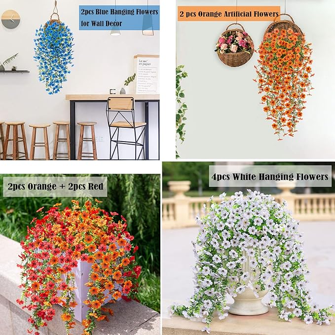 Artificial Hanging Flowers for Outdoors Faux Plants Decoration, 2 Packs Fake Silk Daisy Flower Realistic Outdoor Flowers UV Resistant Porch Patio Window Yard Outside Decor(White)