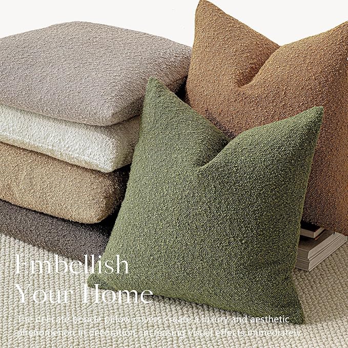 Foindtower Set of 2, Decorative Textured Boucle Throw Pillow Covers Accent Solid Pillow Cases Neutral Soft Cozy Couch Cushion Case for Chair Sofa Bedroom Living Room Home Decor 24 x 24 Inch Green