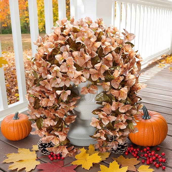 Bougainvillea Artificial Flowers Plants for Outdoors Outside Fall Autumn Decoration, 2 pcs Faux Silk Long Trailing Vines UV Resistant Look Real Brown Fake Flowers for Front Door Porch Planter Urn Yard