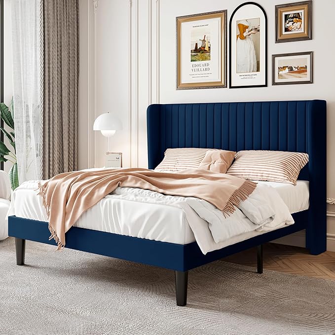 SHA CERLIN Full Size Velvet Bed Frame with Vertical Channel Tufted Wingback Headboard, Upholstered Platform Bed with Wood Slats, No Box Spring Needed, Easy Assembly, Blue