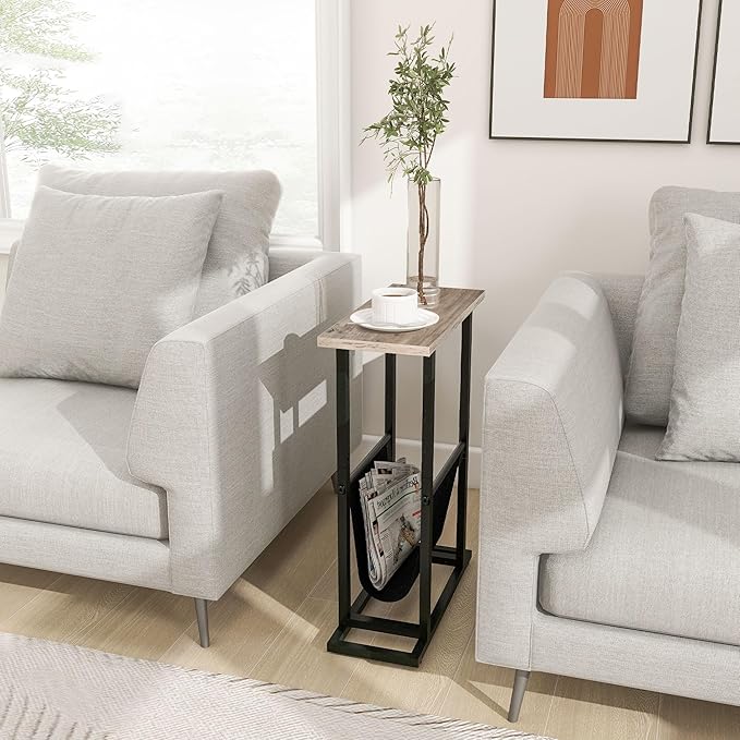 Narrow Side Table with PU Leather Magazine Holder Rustic Slim Little Thin Table for Living Room, Bedroom, Sofa, Grey