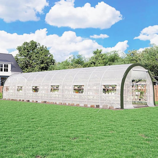 AMERLIFE 36x10x7 FT Large Walk-in Tunnel Greenhouses for Outdoors with Watering System 2 Zipper Doors, Heavy Duty Greenhouse Upgraded Galvanized Steel Frame 12 Windows, Green/White