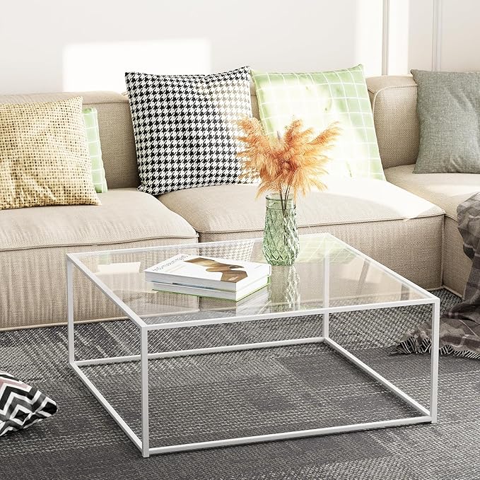 Glass Coffee Table, Square Coffee Table for Living Room, Modern Simple Center Table for Office, Home, Small Space, Clear Tempered Glass with Sturdy Metal Frame, 27 x 27In, White
