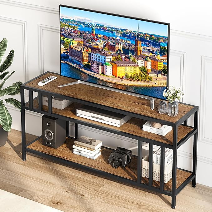Garvee 58" TV Stand for Television up to 65 Inch, Entertainment Center with 3-Tier Open Shelves, TV Media Console Table Quadruple-Tube Support for Living Room, Entryway, Rustic Brown