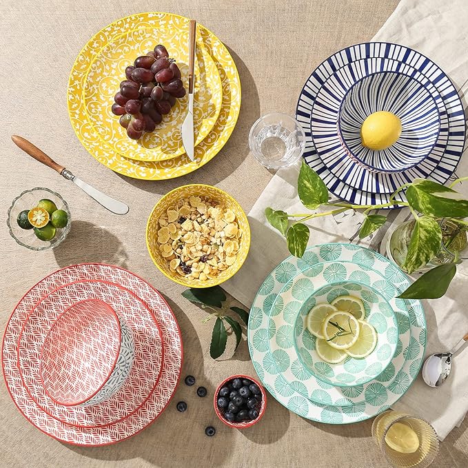 Selamica Ceramic Dinnerware Sets, 12-Pieces Plates and Bowls Sets, Scratch Resistant Dishes set for 4, Dishwasher & Microwave Safe, Assorted Colors