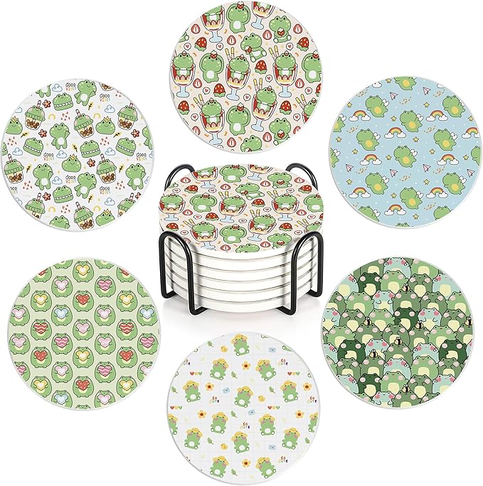 6 Pcs Coasters for Drinks with Holder, Cute Frog Absorbent Ceramic Coasters with Cork Base,Cute Funny Table Drinks Coasters Tabletop Protection Mat,Table Home Decor,4 Inches