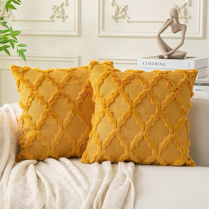 Set of 2 Soft Moroccan Throw Pillow Covers 16x16 Inch Plush Boho Decorative Pillow Cover Accent Cushion Case for Couch Sofa Bed, Mustard Yellow
