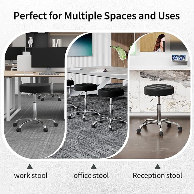 Work Stools with Wheels (300lbs Capacity) (Sturdy Aluminum Base) Black Leather Salon Stools (Black)