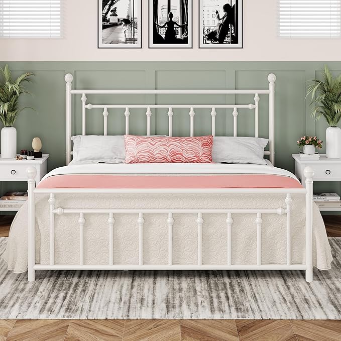 Allewie 14 Inch King Size Metal Platform Bed Frame with Victorian Vintage Headboard and Footboard/Mattress Foundation/Under Bed Storage/No Box Spring Needed/Easy Assembly/Noise Free/White