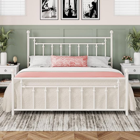 Allewie 14 Inch King Size Metal Platform Bed Frame with Victorian Vintage Headboard and Footboard/Mattress Foundation/Under Bed Storage/No Box Spring Needed/Easy Assembly/Noise Free/White