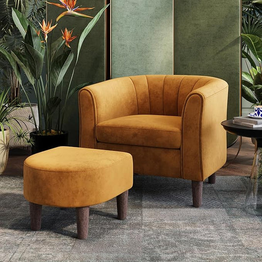 LINSY Accent Chair with Ottoman, Modern Armchair Comfy Barrel Reading Chair with Footrest for Living Room Bedroom Reading Room, Velvet, Yellow