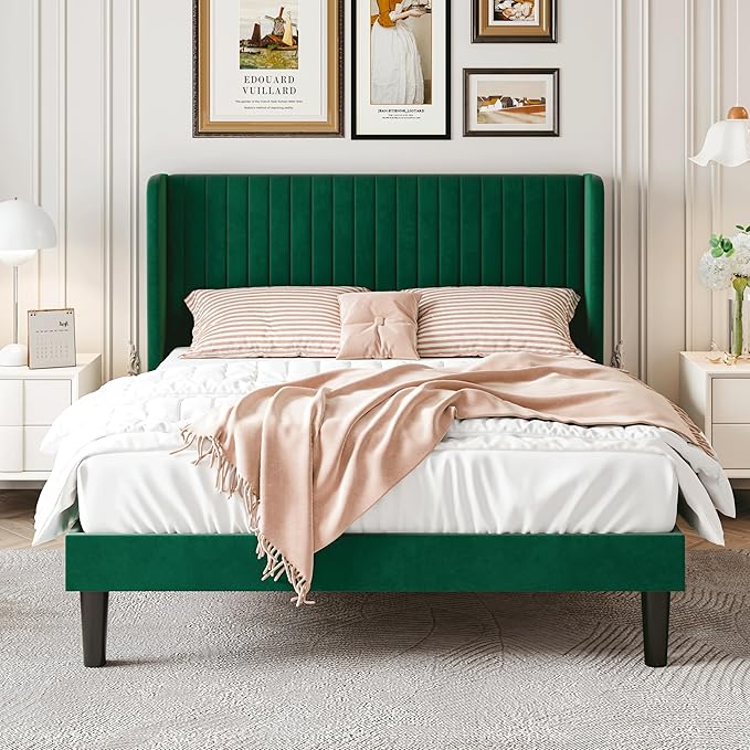 SHA CERLIN Full Size Velvet Bed Frame with Vertical Channel Tufted Wingback Headboard, Upholstered Platform Bed with Wood Slats, No Box Spring Needed, Easy Assembly, Green