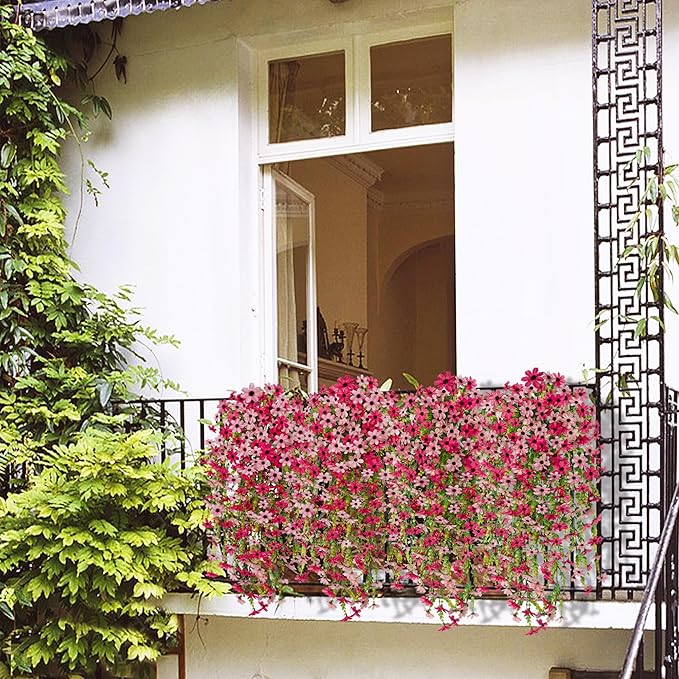 Fake Artificial Hanging Flowers for Outdoors Fake Plants Decoration, 2 Bundles Faux Silk Colorful Daisy Eucalyptus Realistic UV Resistant for Outside Home Planter Porch Patio Yard Decor(Rose Pink)