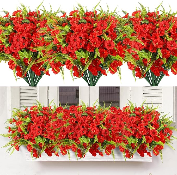 Artificial Flowers Outdoors 12 Bundles Artificial Petunias Fake Flowers UV Resistant Shrubs Plants with Fern for Indoor Outside Hanging Planters Home Garden Summer Decorations (Red)
