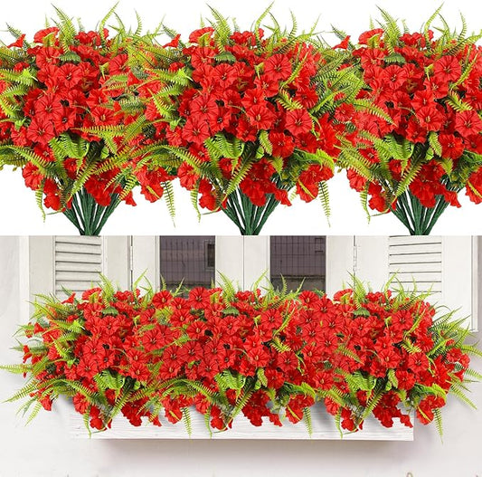 Artificial Flowers Outdoors 12 Bundles Artificial Petunias Fake Flowers UV Resistant Shrubs Plants with Fern for Indoor Outside Hanging Planters Home Garden Summer Decorations (Red)