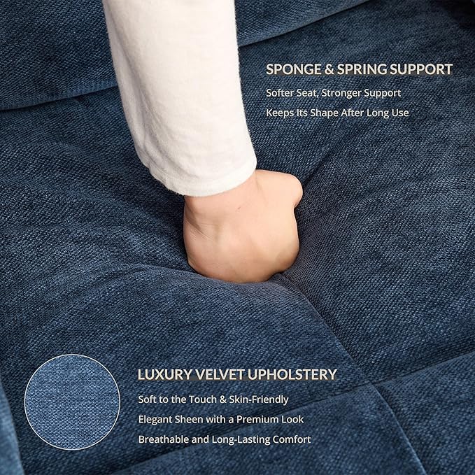 Velvet Rocker Recliner for Adults, Overstuffed Manual Recliner Chair with Spring Cushion, Rocking Chair with Side Pockets, Nursery Glider Recliner Single Sofa for Living Room (Oversize, Blue)