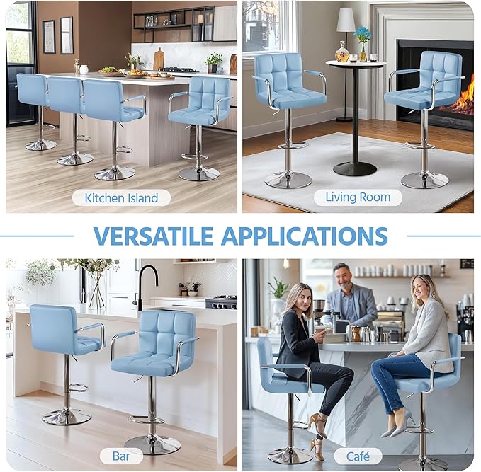 Yaheetech Bar Stools Set of 4, PU Leather Adjustable Swivel Barstools, Hydraulic Kitchen Counter Height Chairs with Armrest and Back for Kitchen, Dining Room, Blue