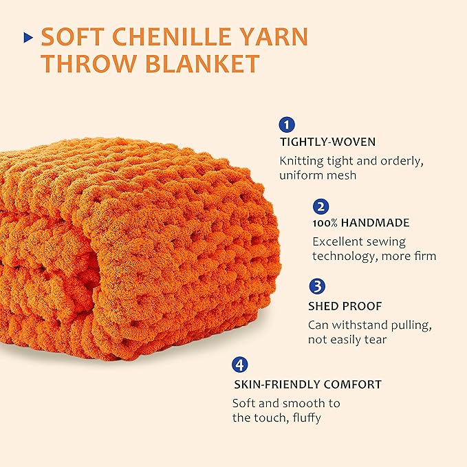 L'AGRATY Chunky Knit Blanket Throw: 30''x40'' Chenille Chunky Knitted Throw Blanket for Bed Couch - Handmade Thick Big Cable Knit Blankets - Large Crochet Rope Blankets for Home Decor(Orange)
