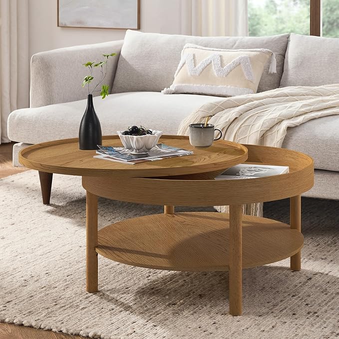 Round Coffee Table,Living Room Table with 3 Tiers 31.5 Inch Storage Pivoting Table with 3 Tiers, Made Entirely of Rubberwood and MDF Board (Brown 31.5" x 31.5" x 17.75")