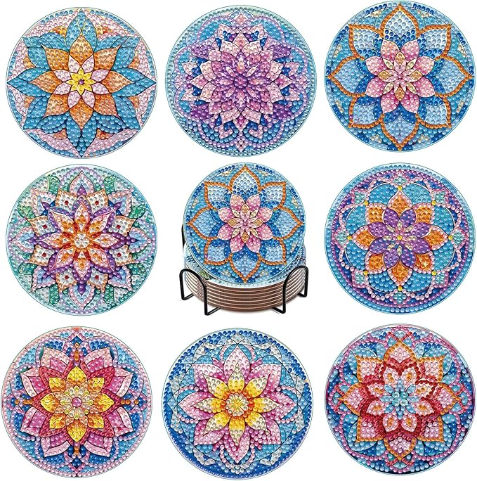 8 PCS Lotus Diamond Art Coasters Kits, Diamond Painting Coasters with Holder Set of 8, DIY Drink Coasters Art Crafts Supplies for Adults Cup Mat for Home Decor House Warming Gifts Non-Slip 3.9inch
