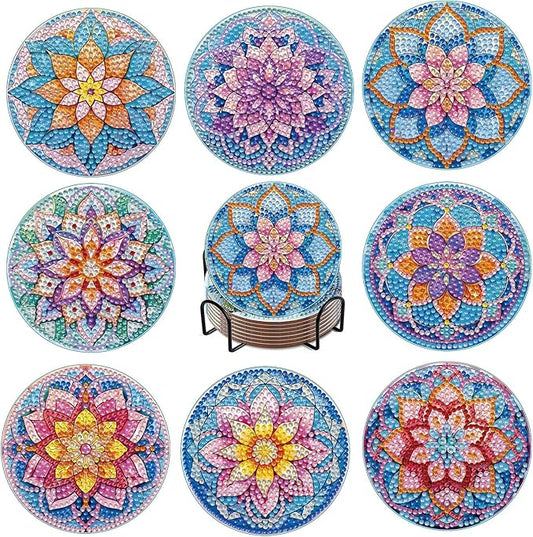 8 PCS Lotus Diamond Art Coasters Kits, Diamond Painting Coasters with Holder Set of 8, DIY Drink Coasters Art Crafts Supplies for Adults Cup Mat for Home Decor House Warming Gifts Non-Slip 3.9inch