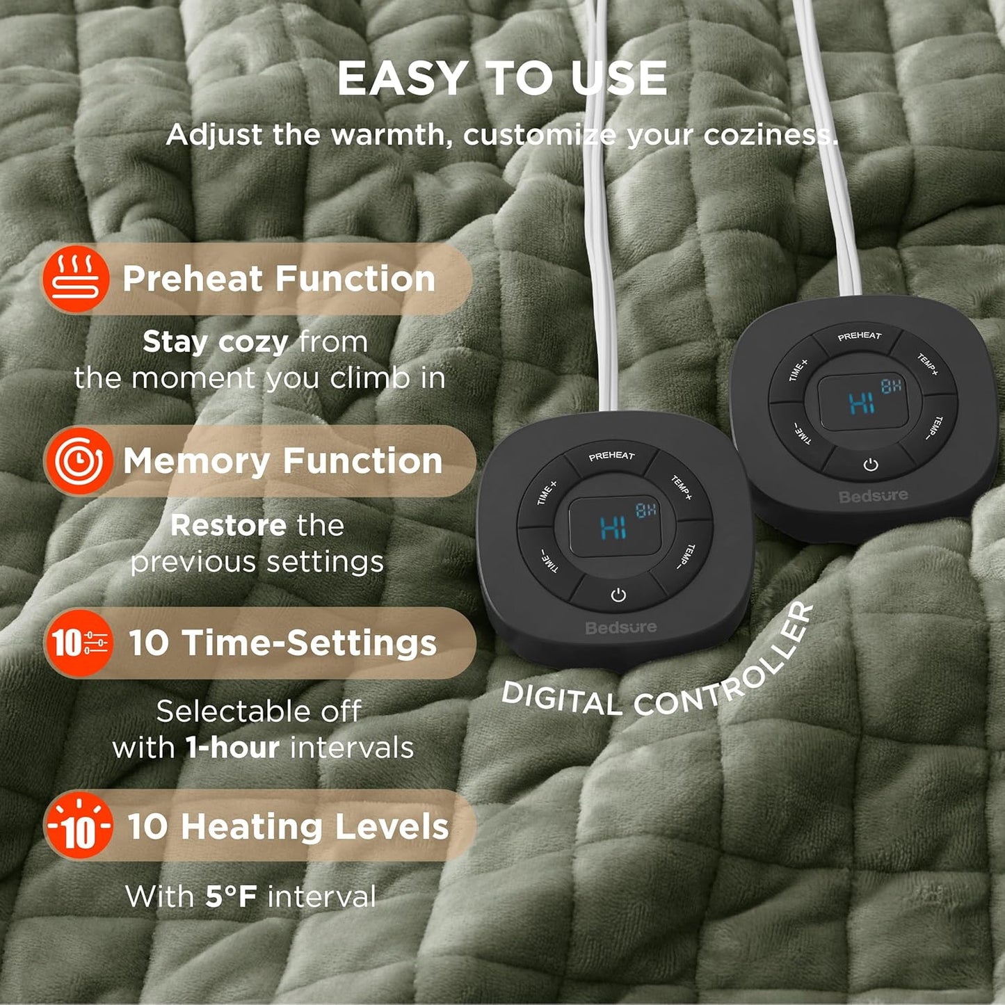 Bedsure Electric Blanket King Size - Dual Control Heated Weighted Blanket King with 10 Heat Settings, Fast Heating with 10 Time Settings (100x90 inches, Olive Green)