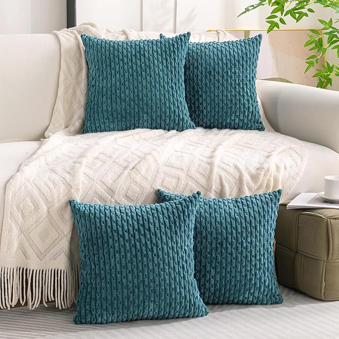Set of 4 Teal Decorative Throw Pillow Covers 18x18 Inch Corduroy Pillow Covers for Bed Couch Sofa Living Room Soft Square Cushion Cases