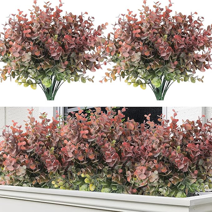 RECUTMS 8 Bundles Artificial Greenery Plants Stems Outdoor Fake Eucalyptus Plants Boxwood Bushes for Farmhouse Bathroom Office Vase Centerpiece Indoor Outdoor Decoration(Dusty Red)