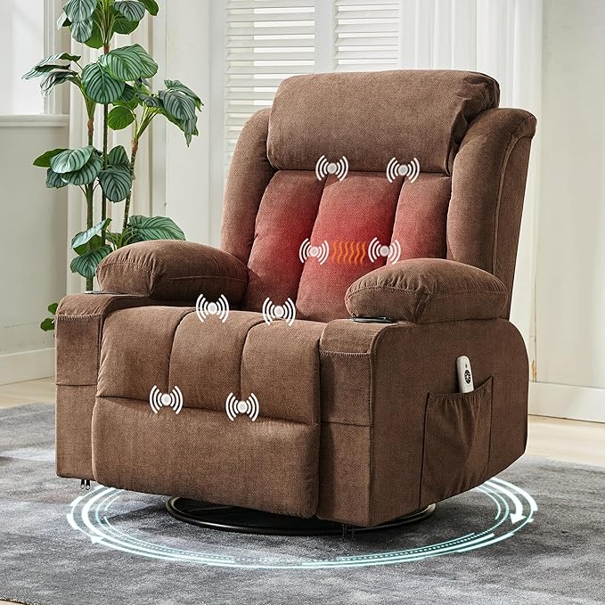 GarveeHome 360° Swivel Rocker Recliner Chair with Heat Massage, Widen Overstuffed Single Sofa Lounge Chair with 3 Positions 2 Side Pockets Cup Holders USB Ports Remote Control Brown