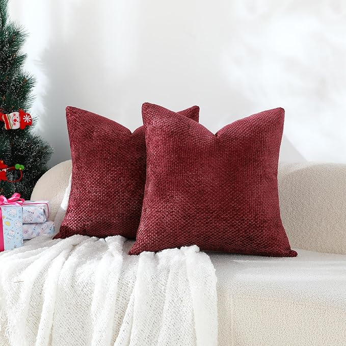 Stellhome Pack of 2 Woven Textured Decorative Throw Pillow Covers Soft Chenille Accent Luxury Cushion Cases for Living Room Couch Bed Sofa Farmhouse Boho Home, 16x16 inch, Burgundy
