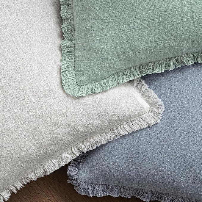 MIULEE Decorative Throw Pillow Covers Neutral Linen Fringe Throw Pillows Set of 2 Aqua Green Boho Farmhouse Cushion Covers with Tassels for Couch Sofa Bed Living Room Spring Home Decor 18x18 Inch