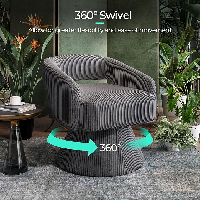 LINSY Swivel Barrel Chair, 360° Modern Swivel Accent Chair with Arms, Boucle Swivel Chair Gray Corduroy Chairs for Bedroom Living Room Small Spaces