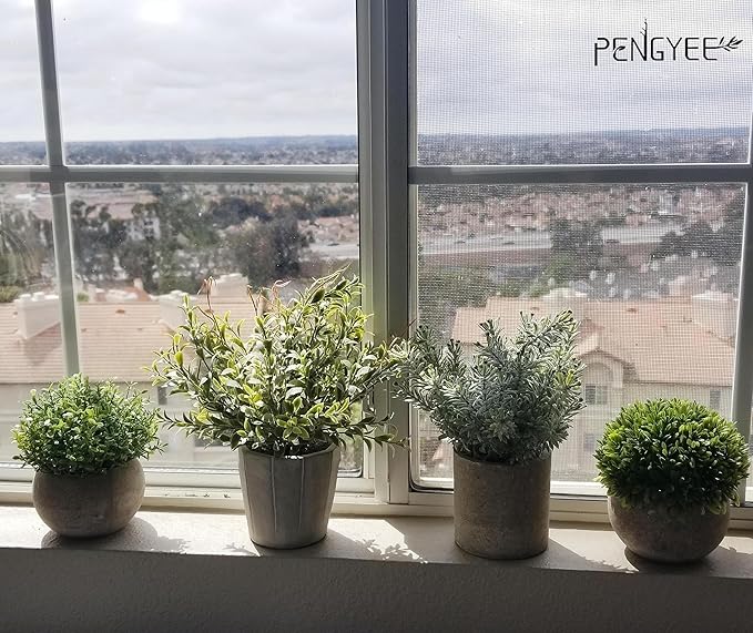 4 Pack Small Fake Plants, Artificial Plants Indoor for Home Decor, Small Faux Plants Indoor, Fake Plants in White Pot for Bathroom Bedroom Kitchen Office Farmhouse Room Shelf Decor