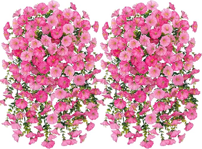 2 PCS Artificial Faux Hanging Flowers Plants for Outdoor Decor,Fake Silk Morning Glory with Eucalyptus UV Resistant Realistic Vine for Wall Home Porch Patio Balcony Yard Decor,Pink and Light Pink