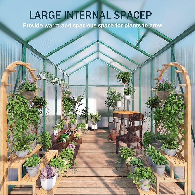 86in High 6*8.2FT Greenhouse for Outdoors, Polycarbonate Greenhouse with Stronger Wind Protection and Roof Vent, Walk-in Large Aluminum Sunroom Winter Proof, Green